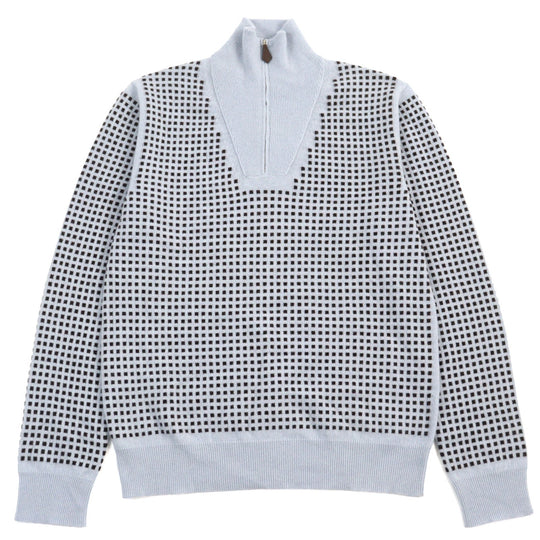 HERMES knit Main: 100% cashmere, part: lamb leather Light Blue Brown All-over Pattern mens S Used Authentic