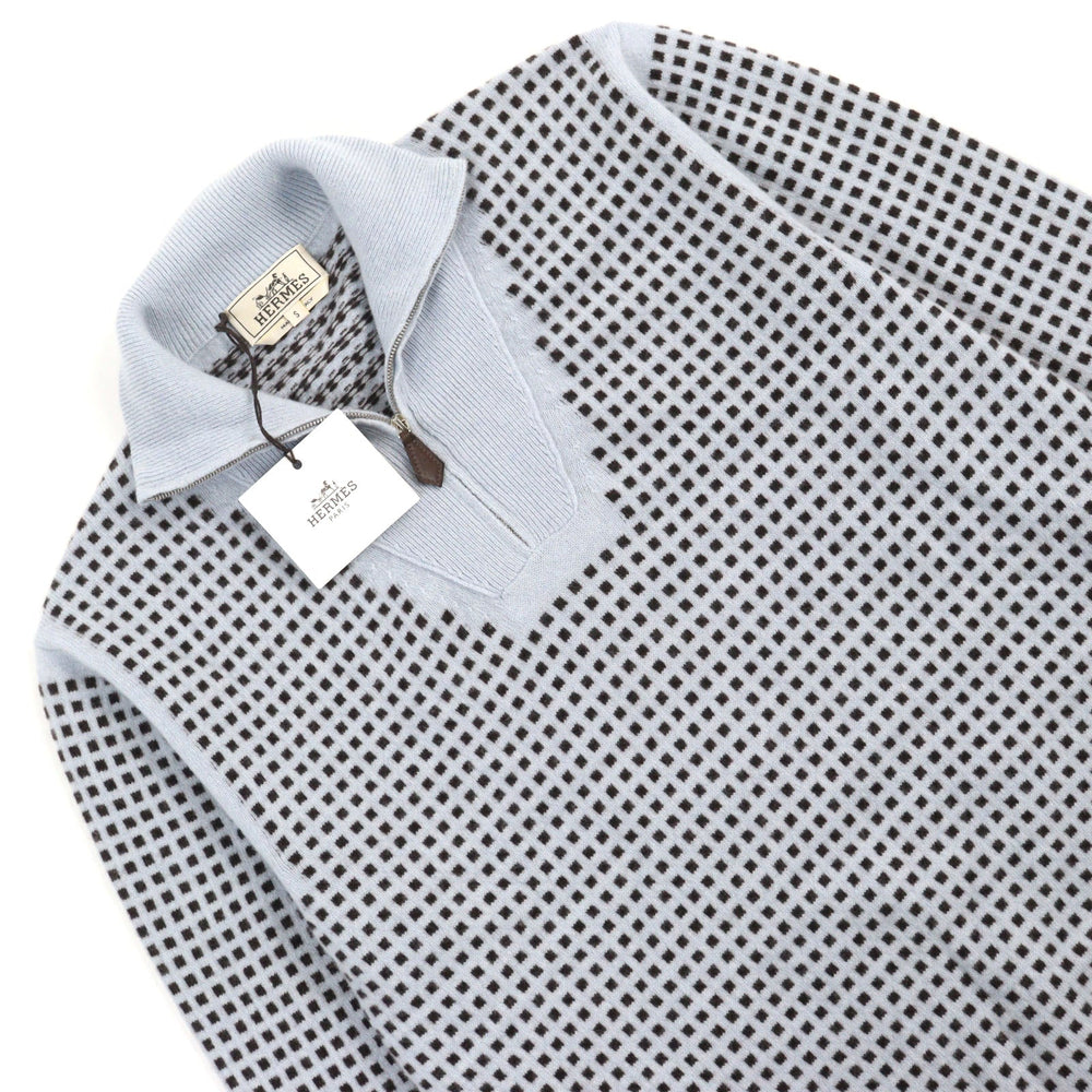 HERMES knit Main: 100% cashmere, part: lamb leather Light Blue Brown All-over Pattern mens S Used Authentic