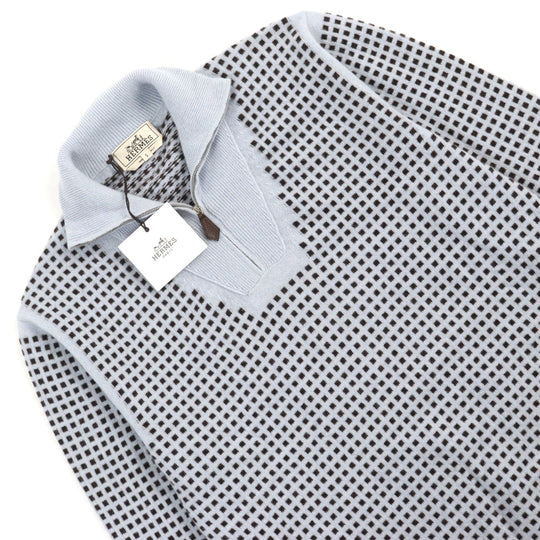 HERMES knit Main: 100% cashmere, part: lamb leather Light Blue Brown All-over Pattern mens S Used Authentic