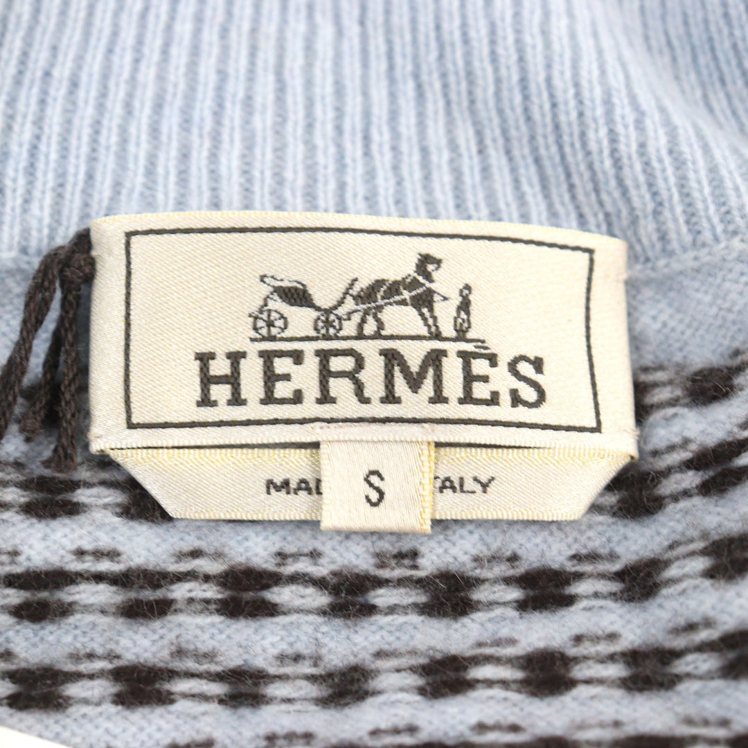 HERMES knit Main: 100% cashmere, part: lamb leather Light Blue Brown All-over Pattern mens S Used Authentic