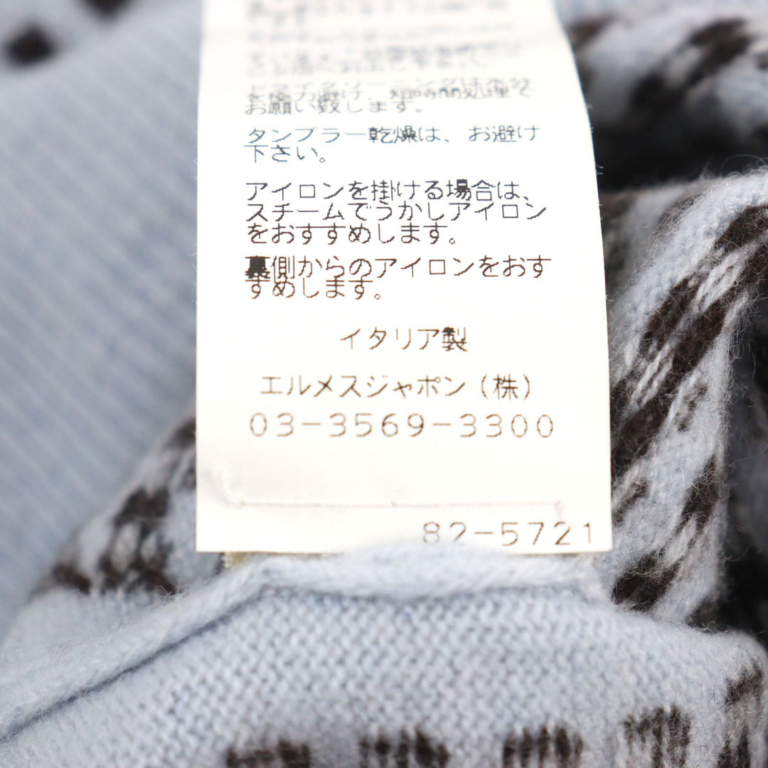 HERMES knit Main: 100% cashmere, part: lamb leather Light Blue Brown All-over Pattern mens S Used Authentic
