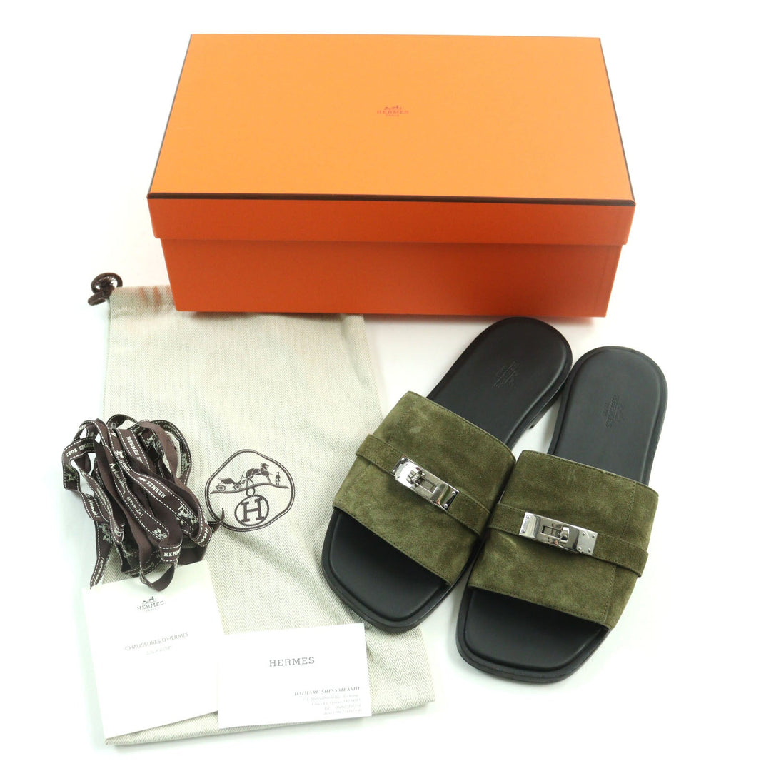 HERMES Sandals Main: Suede leather Khaki black Gabriel mens 43 Used Authentic