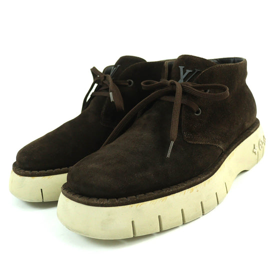 LOUIS VUITTON short boots Main: Suede leather Dark brown LV Square Line mens 5 1/2 Used Authentic
