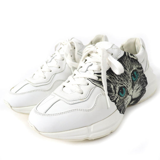 GUCCI sneakers 58337 Main: Leather White Black Green Yellow Mystic cat Women 38 Used Authentic