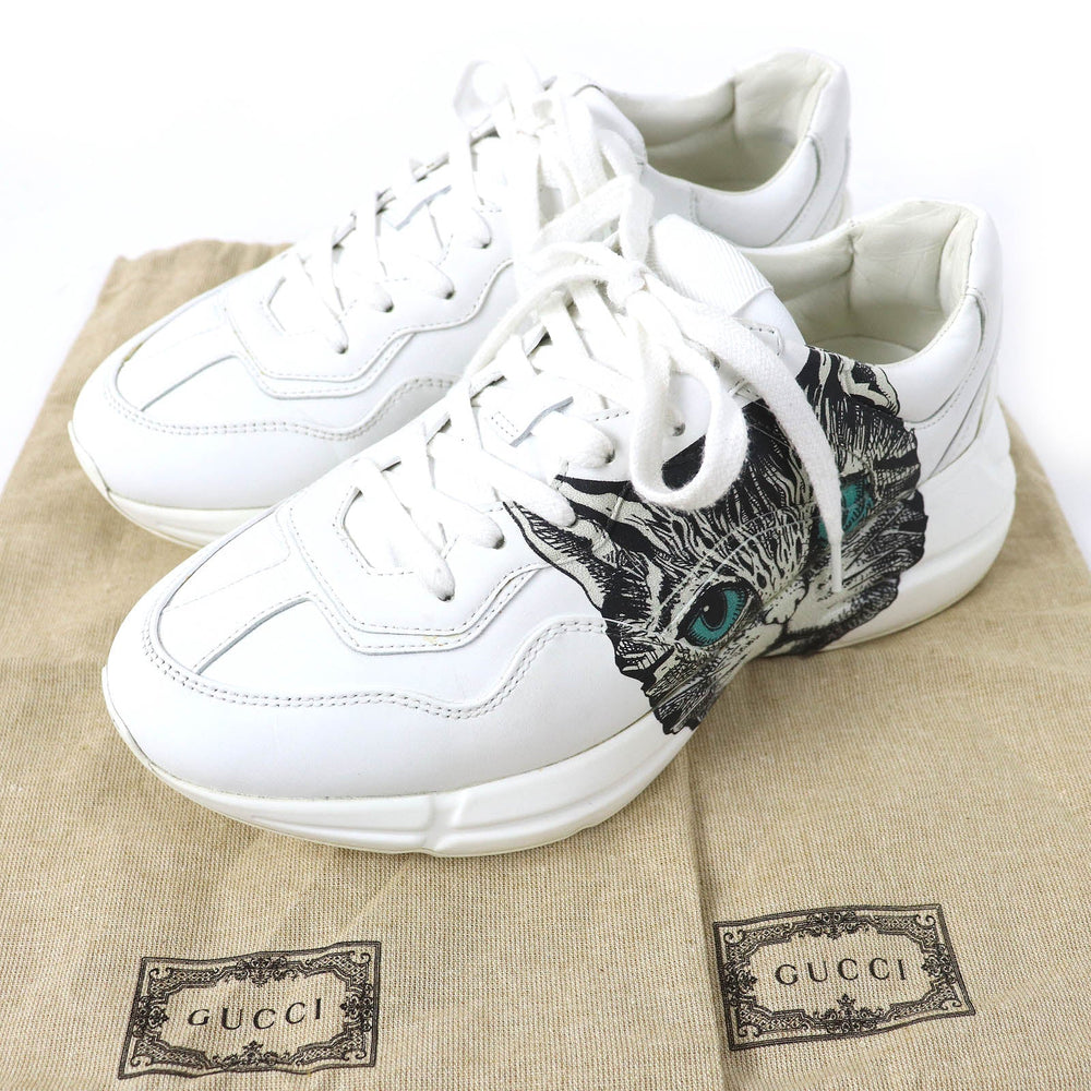 GUCCI sneakers 58337 Main: Leather White Black Green Yellow Mystic cat Women 38 Used Authentic