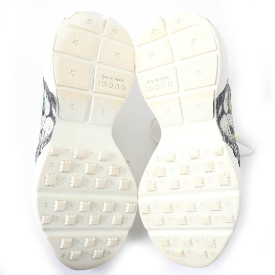 GUCCI sneakers 58337 Main: Leather White Black Green Yellow Mystic cat Women 38 Used Authentic