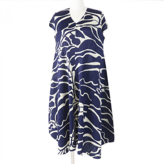 PLEATS PLEASE one piece PP13-JH623 polyester navy light beige botanical leaf design Dress 3