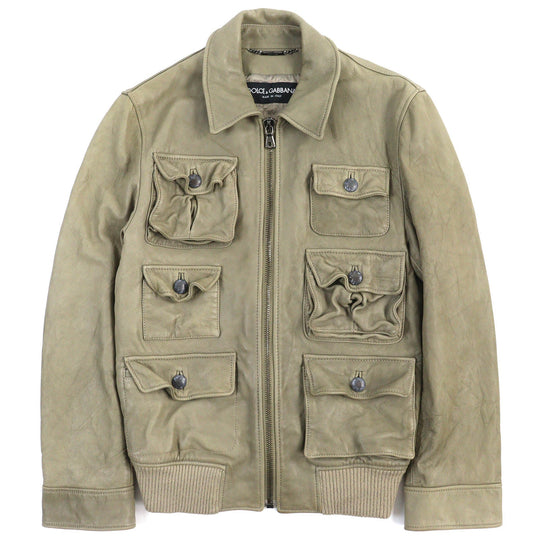 DOLCE&GABBANA leather jacket G9260L G5T41 Outer: 5% wool, Outer: 95% lamb leather, Lining: 50% polyester, Lining: 50% rayon Khaki type mens 44 Used Authentic
