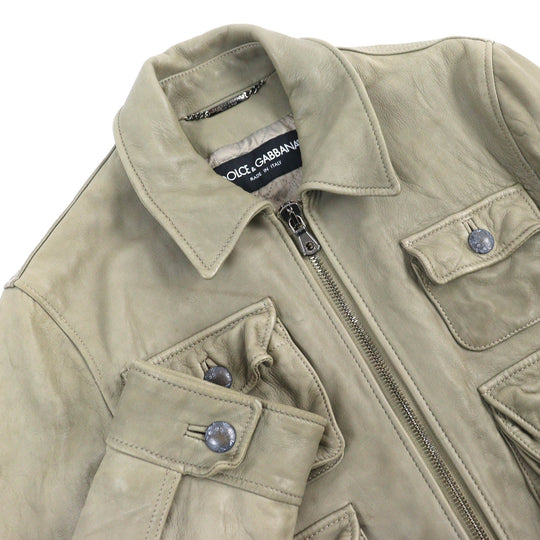 DOLCE&GABBANA leather jacket G9260L G5T41 Outer: 5% wool, Outer: 95% lamb leather, Lining: 50% polyester, Lining: 50% rayon Khaki type mens 44 Used Authentic