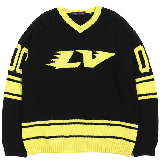 LOUIS VUITTON knit Main: 68% wool, 18% rayon, 9% nylon, 5% cashmere Black yellow Amen Break LV Intarsia Football mens XL Used Authentic