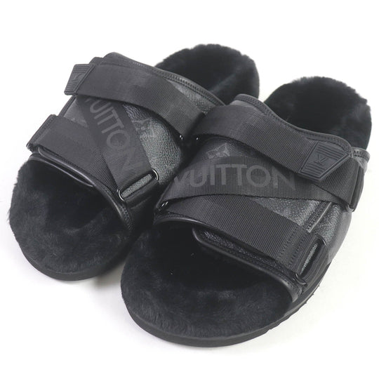 LOUIS VUITTON Sandals Main: Leather, Main: Eco-fur black honolulu line mens 6 Used Authentic