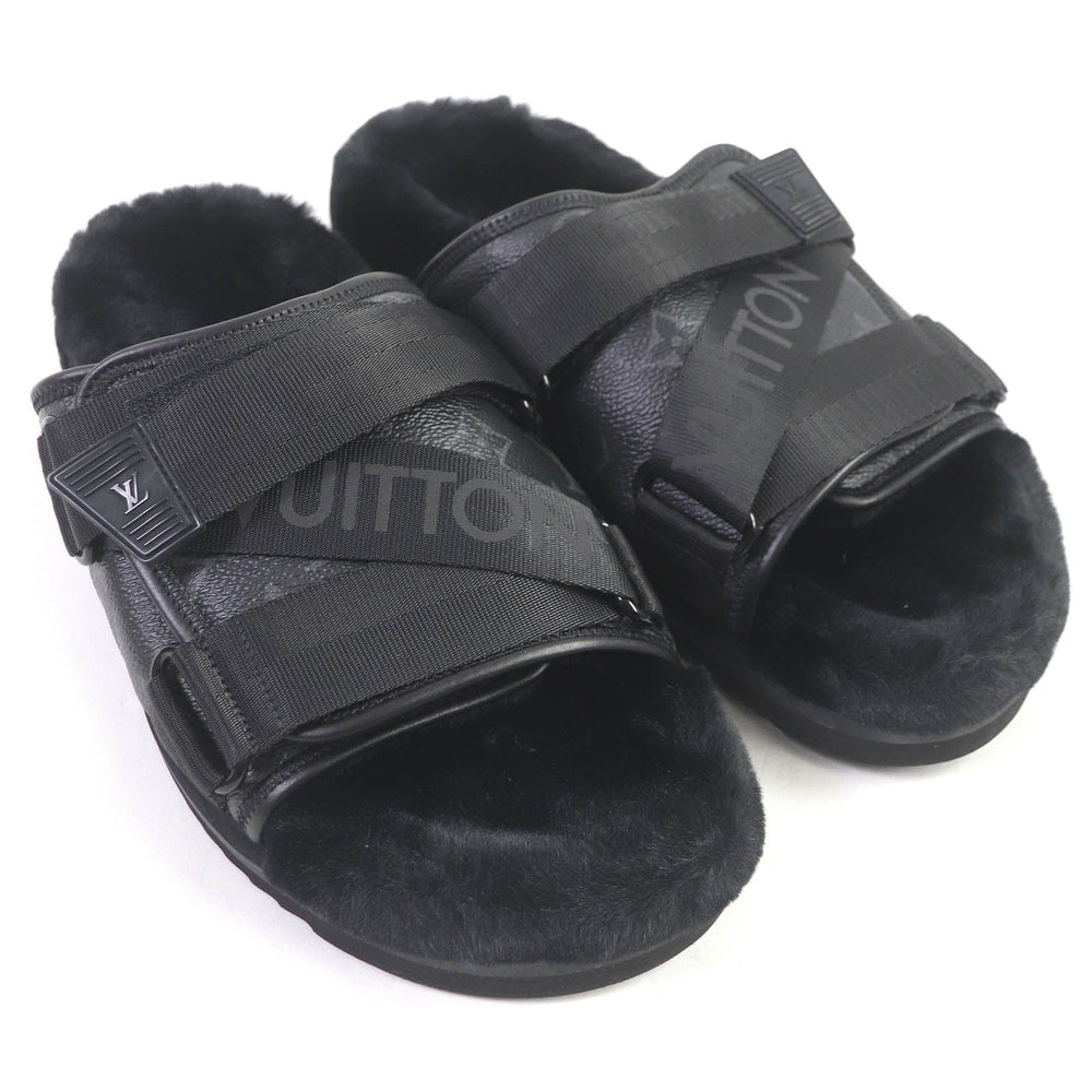 LOUIS VUITTON Sandals Main: Leather, Main: Eco-fur black honolulu line mens 6 Used Authentic