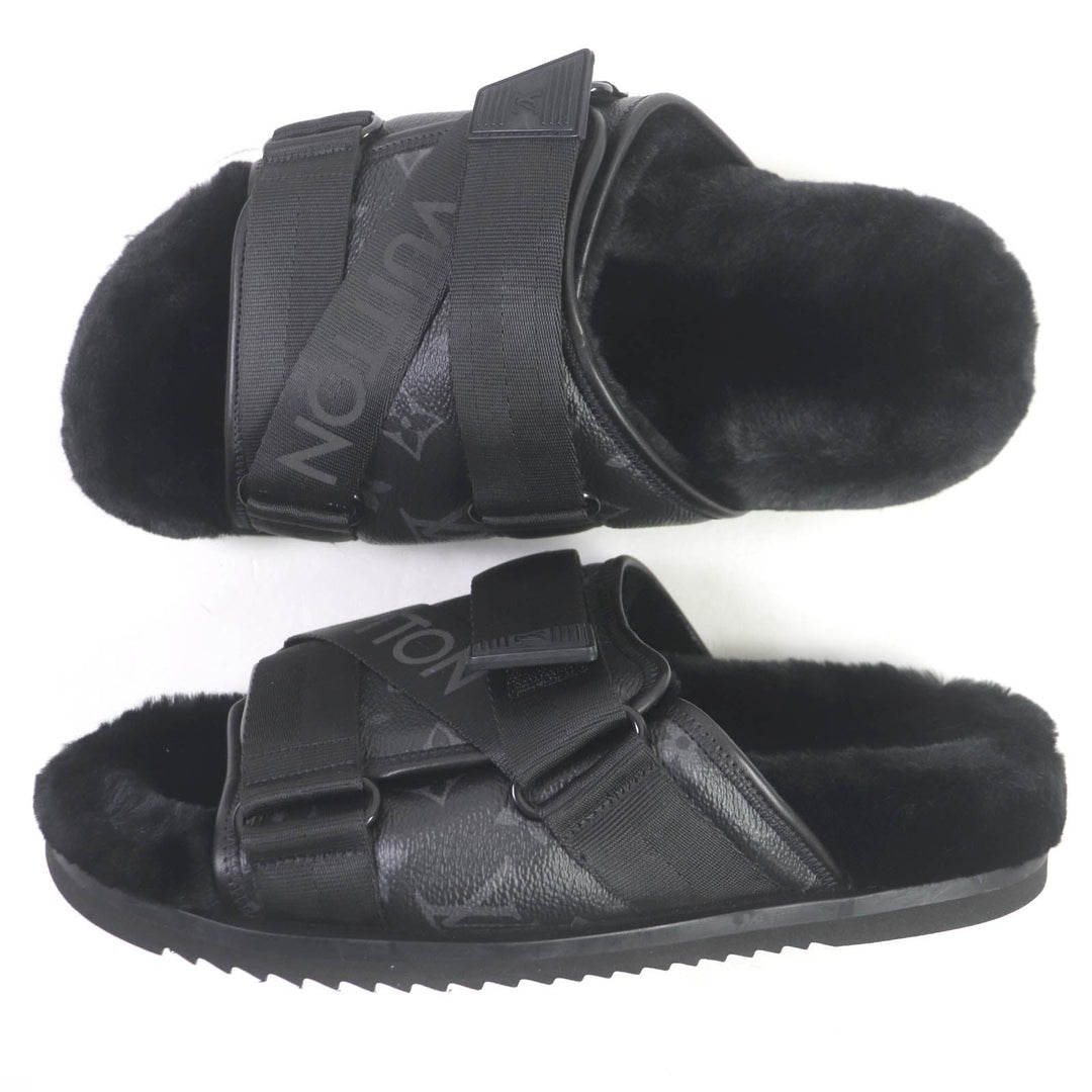 LOUIS VUITTON Sandals Main: Leather, Main: Eco-fur black honolulu line mens 6 Used Authentic