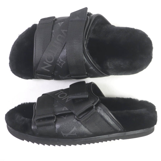 LOUIS VUITTON Sandals Main: Leather, Main: Eco-fur black honolulu line mens 6 Used Authentic
