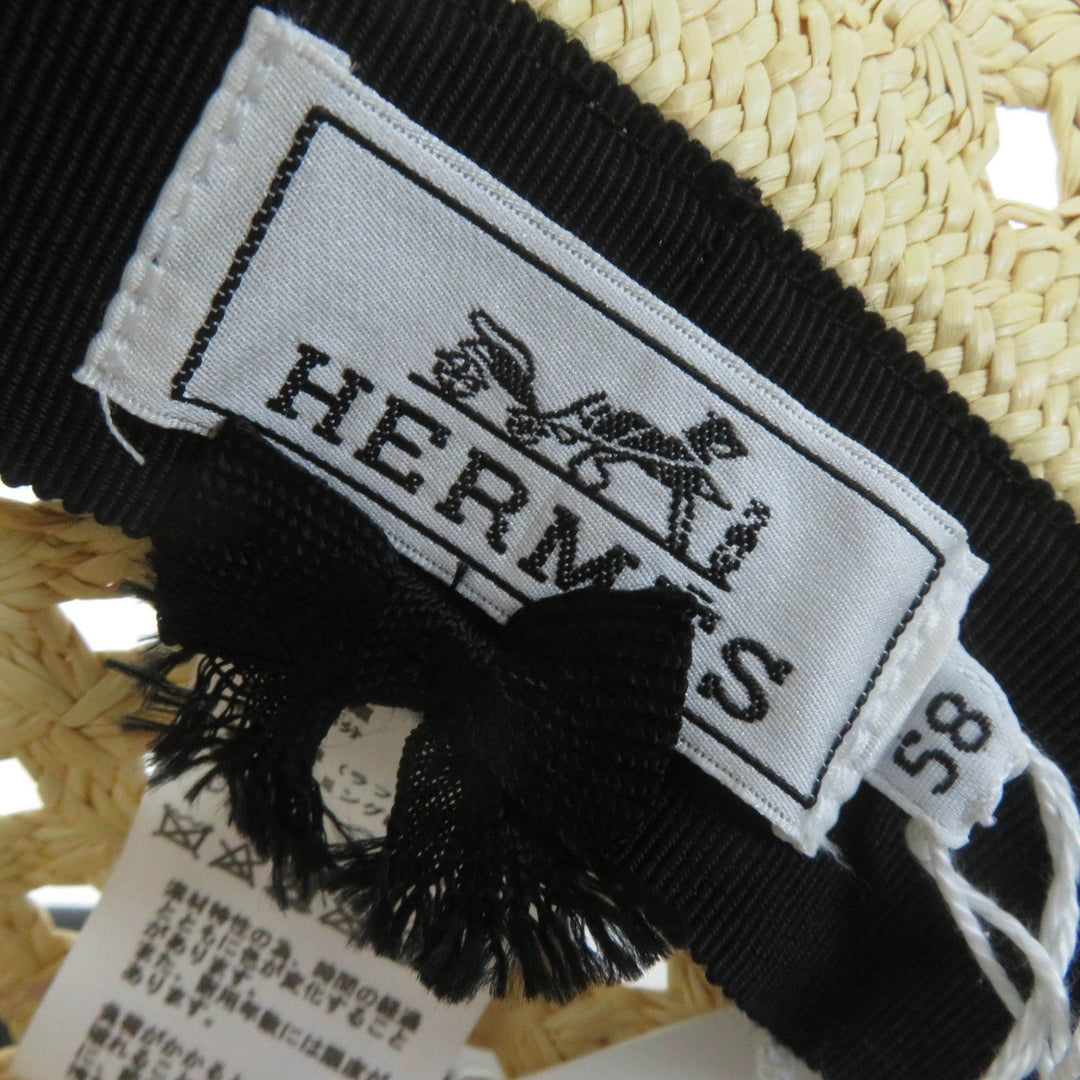 HERMES hat Main: 100% straw, Part: 52% cotton, Part: 48% raffia, Lining: 56% cotton, Lining: 44% rayon natural Eleonora Women 58 Used Authentic