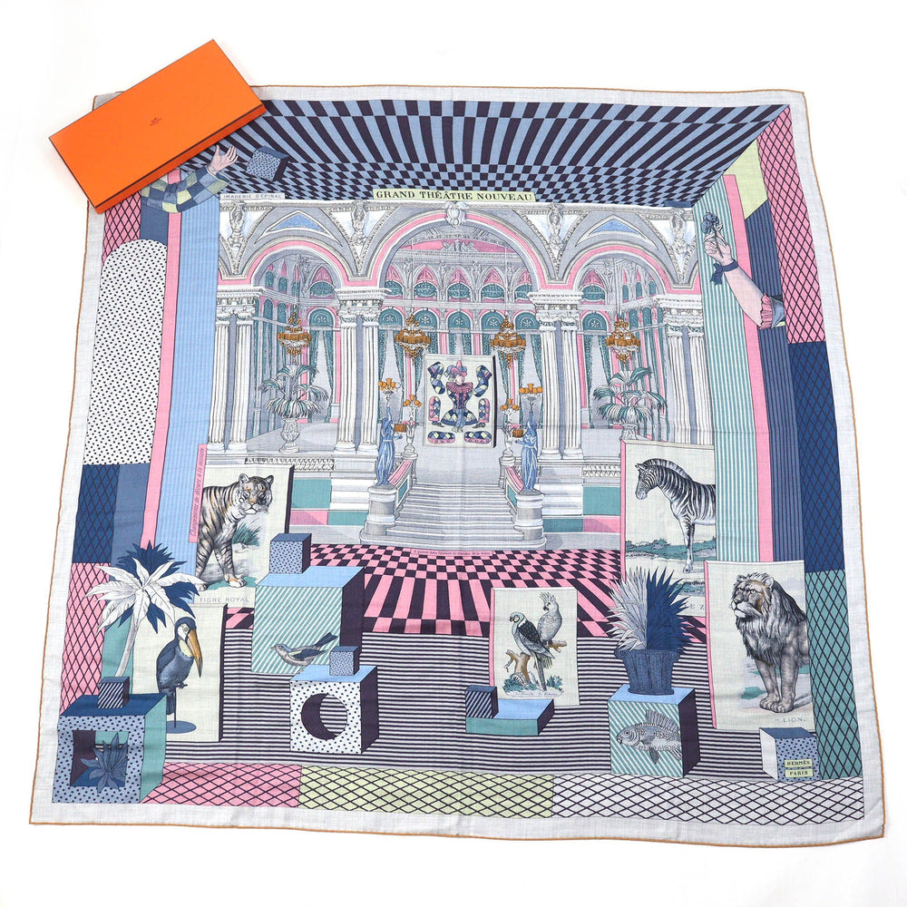 HERMES scarf Main: 70% cashmere, Main: 30% silk Gris Chine/Bleu/Rose Carre140 GRAND THEATRE NOUVEAU Women Used Authentic