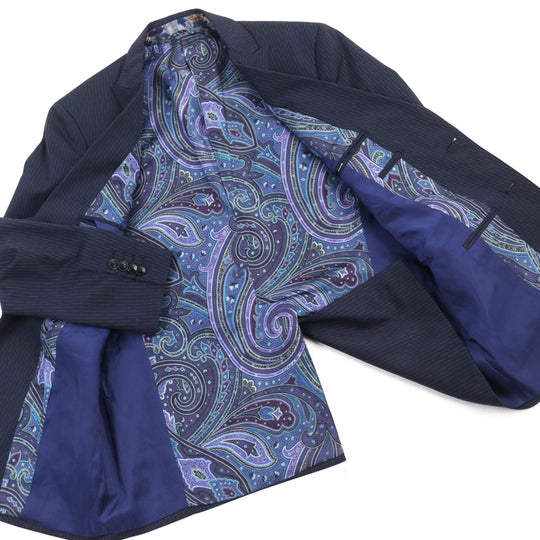 ETRO suit 172-1A915-0091 Outer: 100% wool, Lining: 100% silk, Sleeve lining: 100% cupra, Part: 100% cupra Navy Stripe Pattern mens 52 Used Authentic