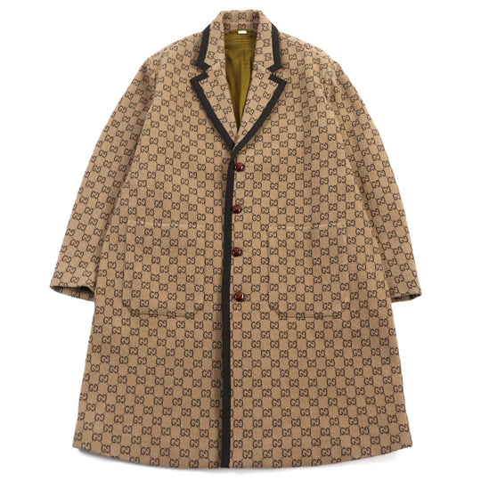 GUCCI Chester coat 598710 Outer material: 88% wool, Outer material: 12% nylon, Lining: 100% rayon, Part: 100% wool, Leather part: cowhide Beige All-over Pattern mens 50 Used Authentic