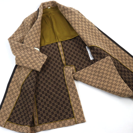 GUCCI Chester coat 598710 Outer material: 88% wool, Outer material: 12% nylon, Lining: 100% rayon, Part: 100% wool, Leather part: cowhide Beige All-over Pattern mens 50 Used Authentic