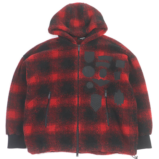 DSQUARED2 Blouson S74HG0110 Outer: 70% polyester, Outer: 30% acrylic, Lining: 100% cotton, Part: 100% wool Red black CHECK PATCH ZIP HOODIE mens M Used Authentic