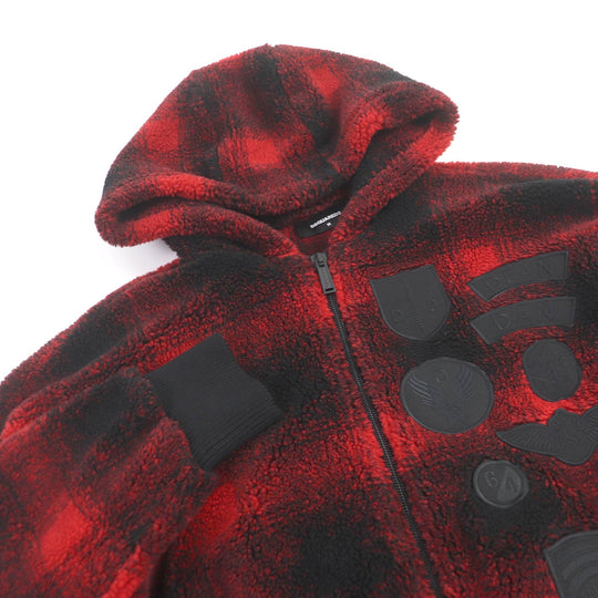 DSQUARED2 Blouson S74HG0110 Outer: 70% polyester, Outer: 30% acrylic, Lining: 100% cotton, Part: 100% wool Red black CHECK PATCH ZIP HOODIE mens M Used Authentic