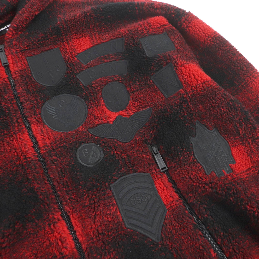 DSQUARED2 Blouson S74HG0110 Outer: 70% polyester, Outer: 30% acrylic, Lining: 100% cotton, Part: 100% wool Red black CHECK PATCH ZIP HOODIE mens M Used Authentic
