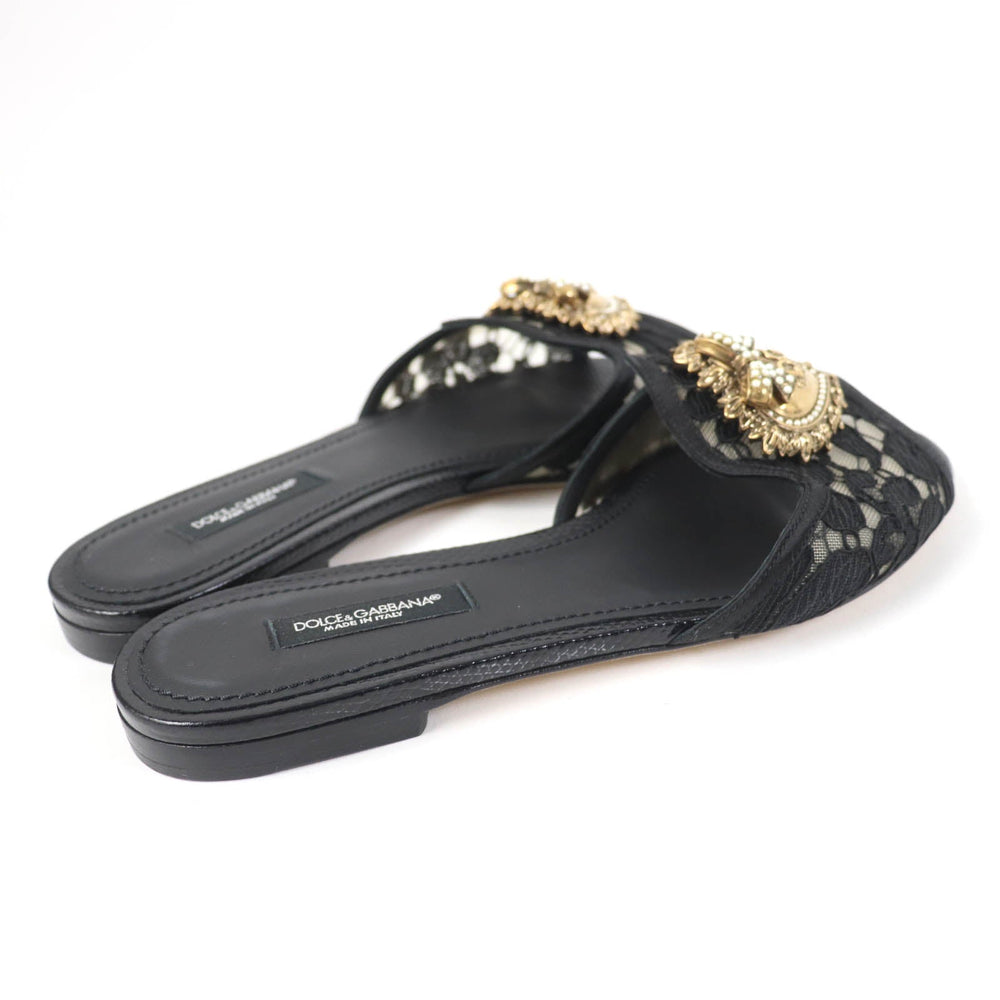 DOLCE&GABBANA Mule Polyester, Leather black Brooch decoration devotion Women 35 Used Authentic