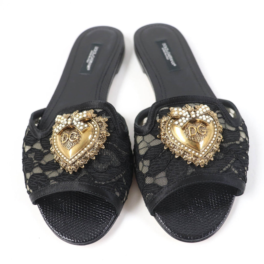 DOLCE&GABBANA Mule Polyester, Leather black Brooch decoration devotion Women 35 Used Authentic