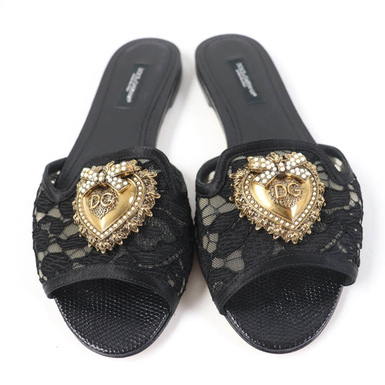 DOLCE&GABBANA Mule Polyester, Leather black Brooch decoration devotion Women 35 Used Authentic