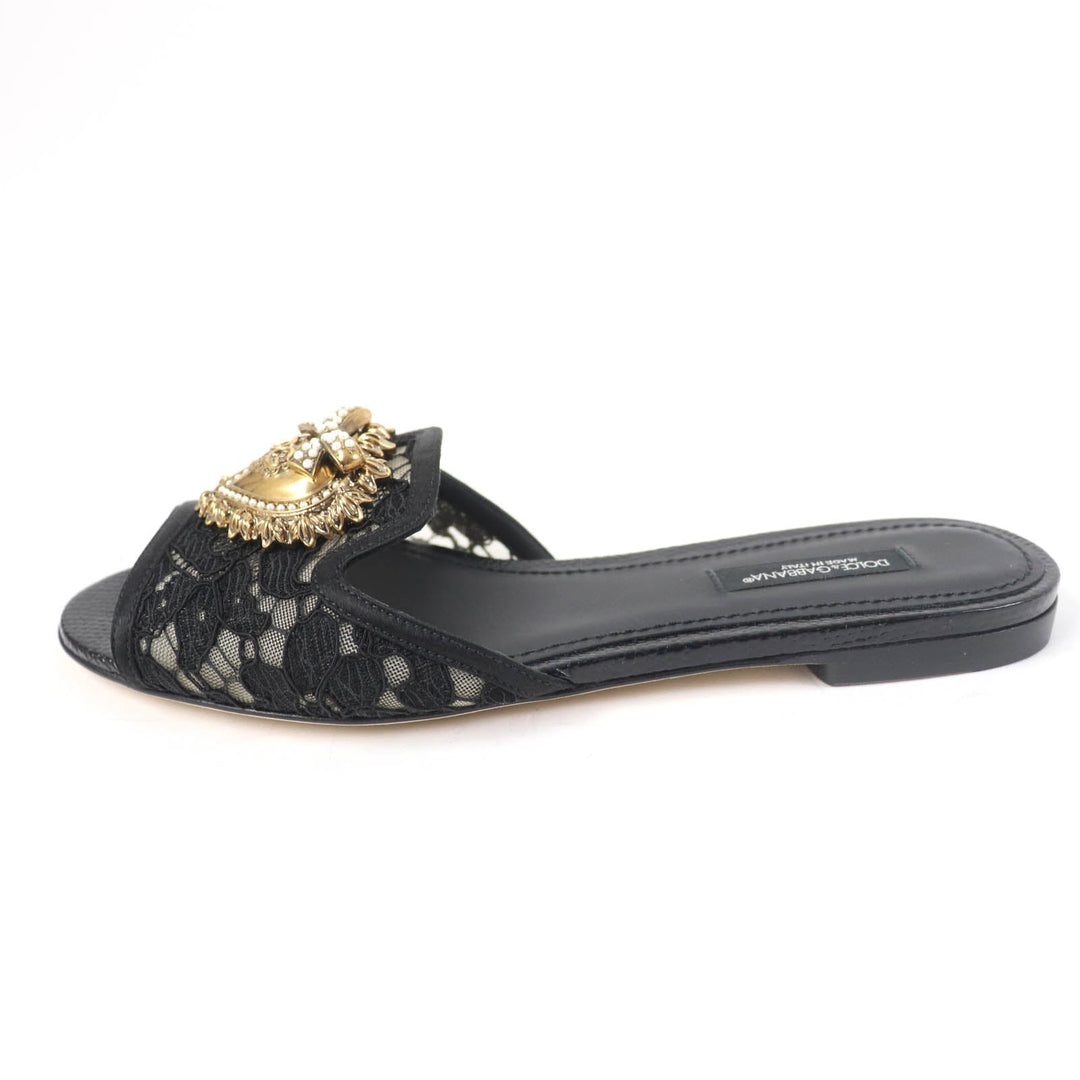 DOLCE&GABBANA Mule Polyester, Leather black Brooch decoration devotion Women 35 Used Authentic