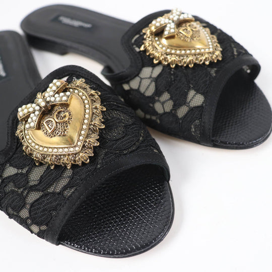 DOLCE&GABBANA Mule Polyester, Leather black Brooch decoration devotion Women 35 Used Authentic
