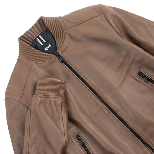 HUGO BOSS Bomber jacket 10238626 01 Outer: 100% lambskin, Lining: 100% nylon, Sleeve lining: 100% nylon Brown mens 48 Used Authentic