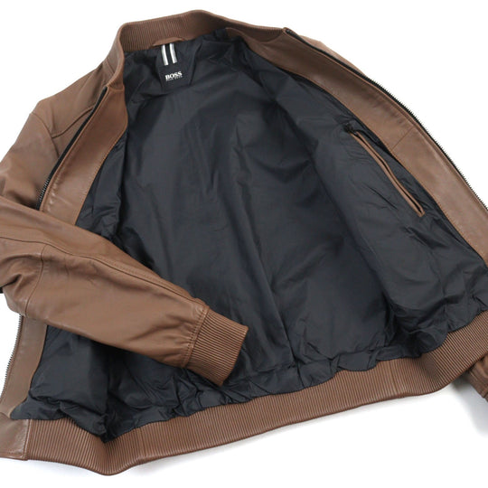 HUGO BOSS Bomber jacket 10238626 01 Outer: 100% lambskin, Lining: 100% nylon, Sleeve lining: 100% nylon Brown mens 48 Used Authentic
