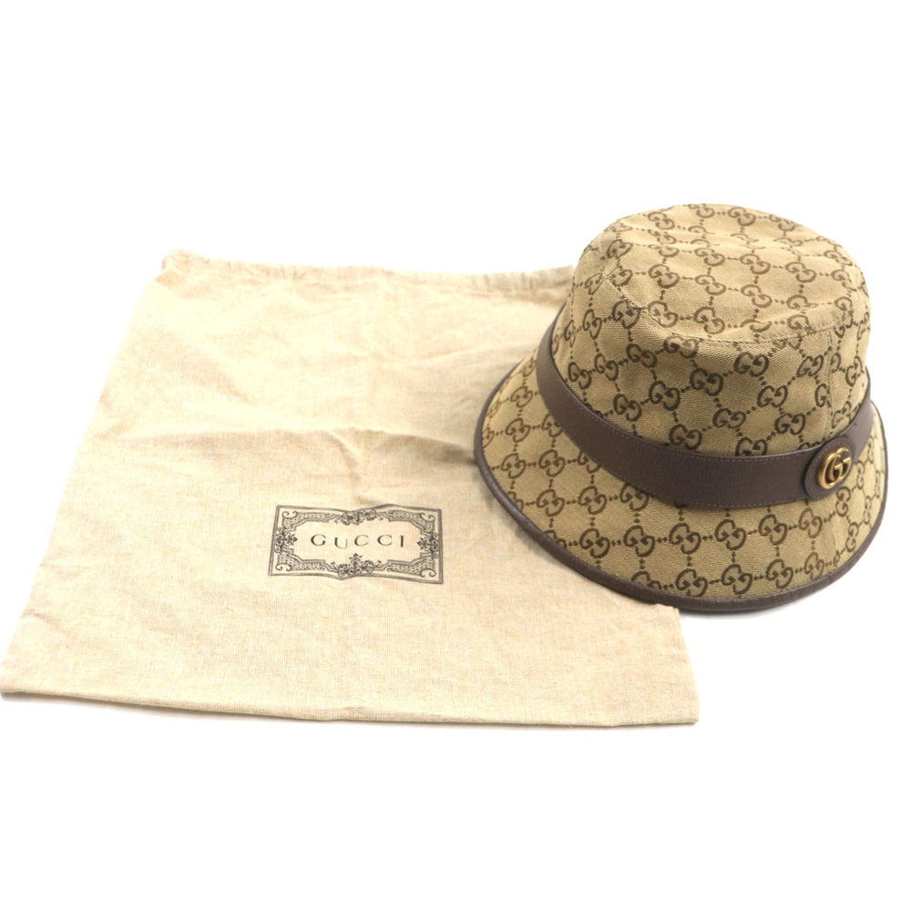 GUCCI hat 576587 Outer material: 71% cotton, Outer material: 29% polyester, Lining: 100% cotton, Leather part: Cowhide light brown GG Canvas Fedora Hat mens M Used Authentic
