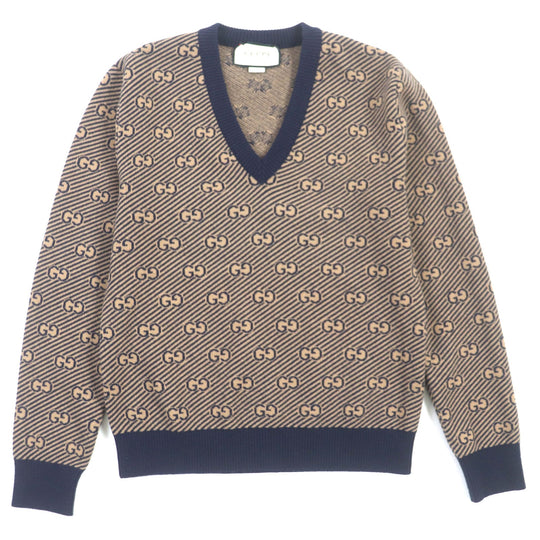 GUCCI sweater 626643 Main: 90% wool, Main: 10% cashmere, Part: 86% wool, Part: 13% nylon, Part: 1% polyurethane Brown navy mens XS Used Authentic