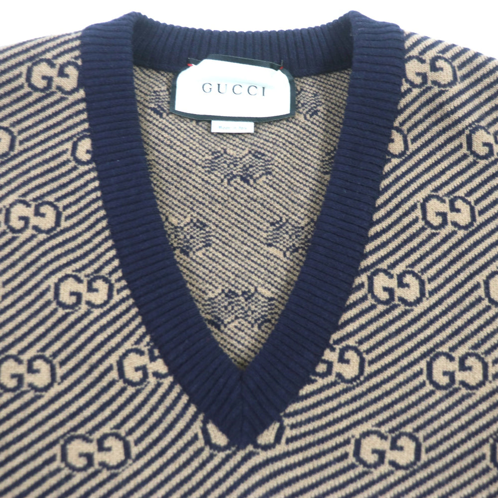 GUCCI sweater 626643 Main: 90% wool, Main: 10% cashmere, Part: 86% wool, Part: 13% nylon, Part: 1% polyurethane Brown navy mens XS Used Authentic