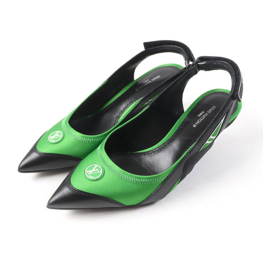 LOUIS VUITTON pumps Satin, Leather Black green arc light line LV Circle Logo Velcro Strap Women 35 Used Authentic