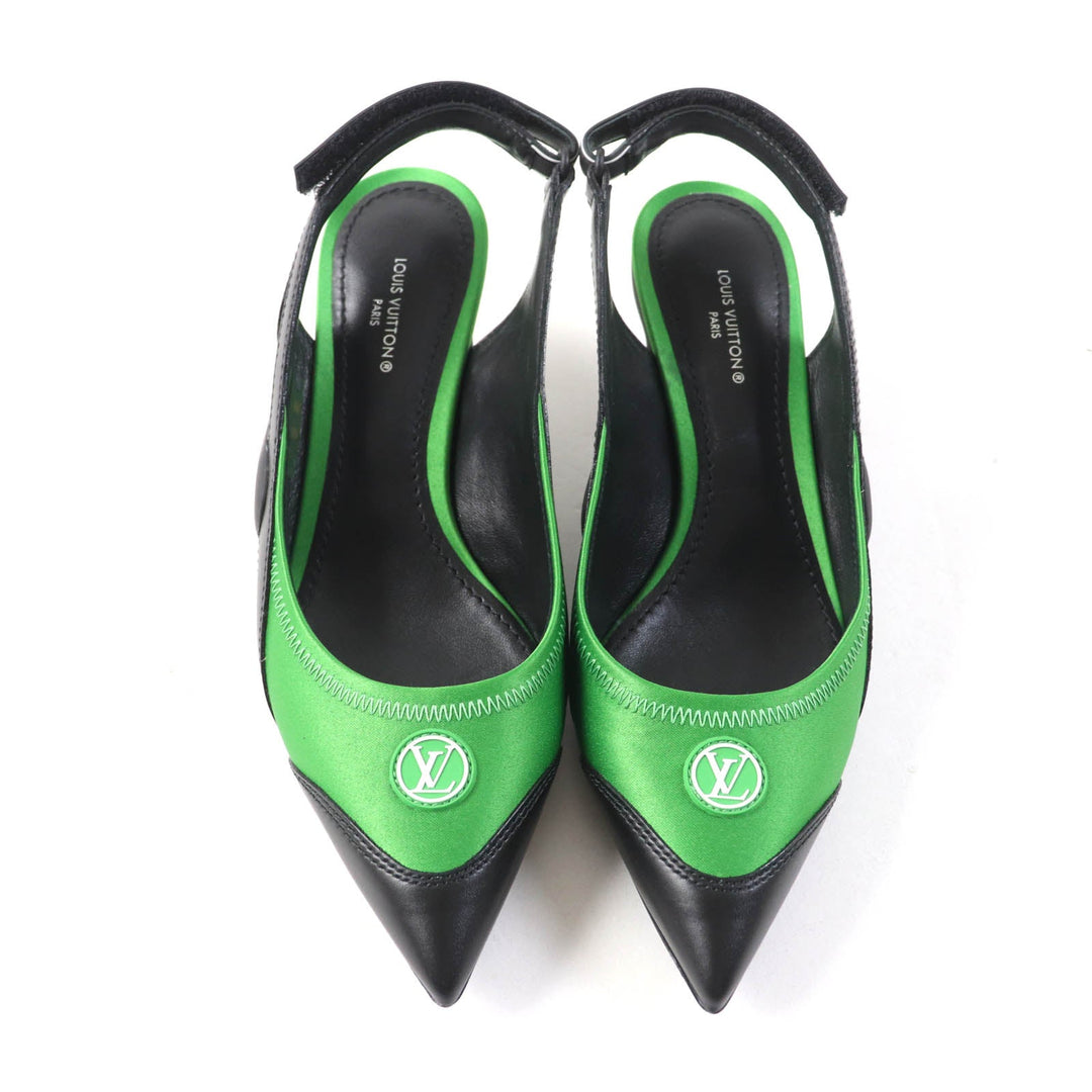 LOUIS VUITTON pumps Satin, Leather Black green arc light line LV Circle Logo Velcro Strap Women 35 Used Authentic