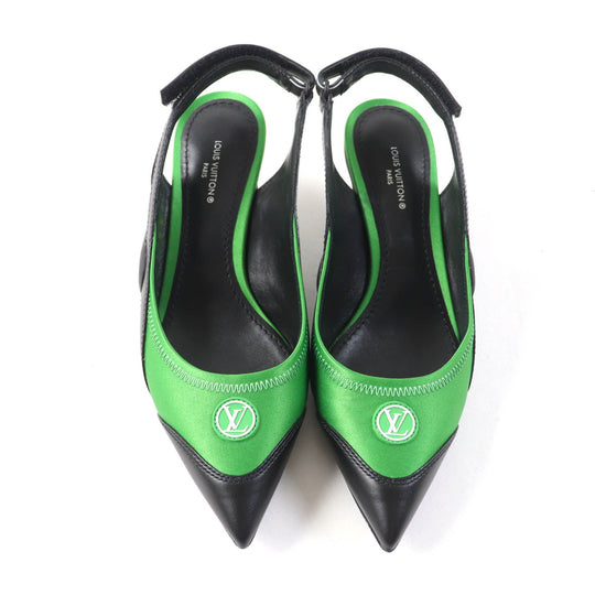 LOUIS VUITTON pumps Satin, Leather Black green arc light line LV Circle Logo Velcro Strap Women 35 Used Authentic