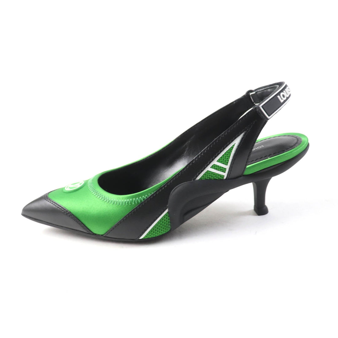 LOUIS VUITTON pumps Satin, Leather Black green arc light line LV Circle Logo Velcro Strap Women 35 Used Authentic