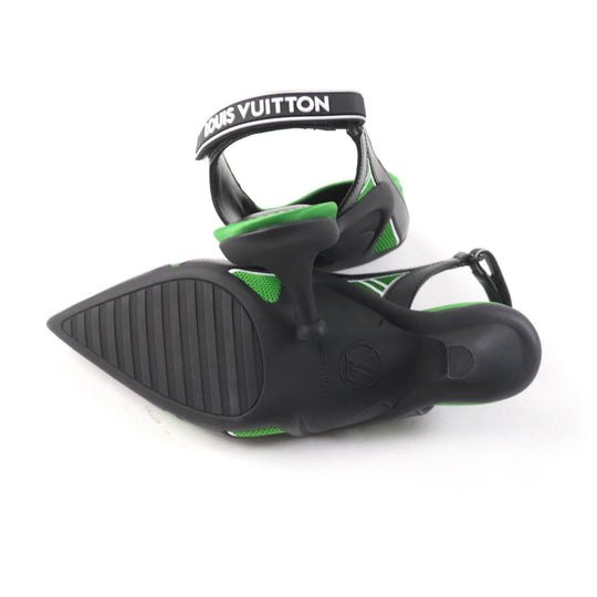 LOUIS VUITTON pumps Satin, Leather Black green arc light line LV Circle Logo Velcro Strap Women 35 Used Authentic