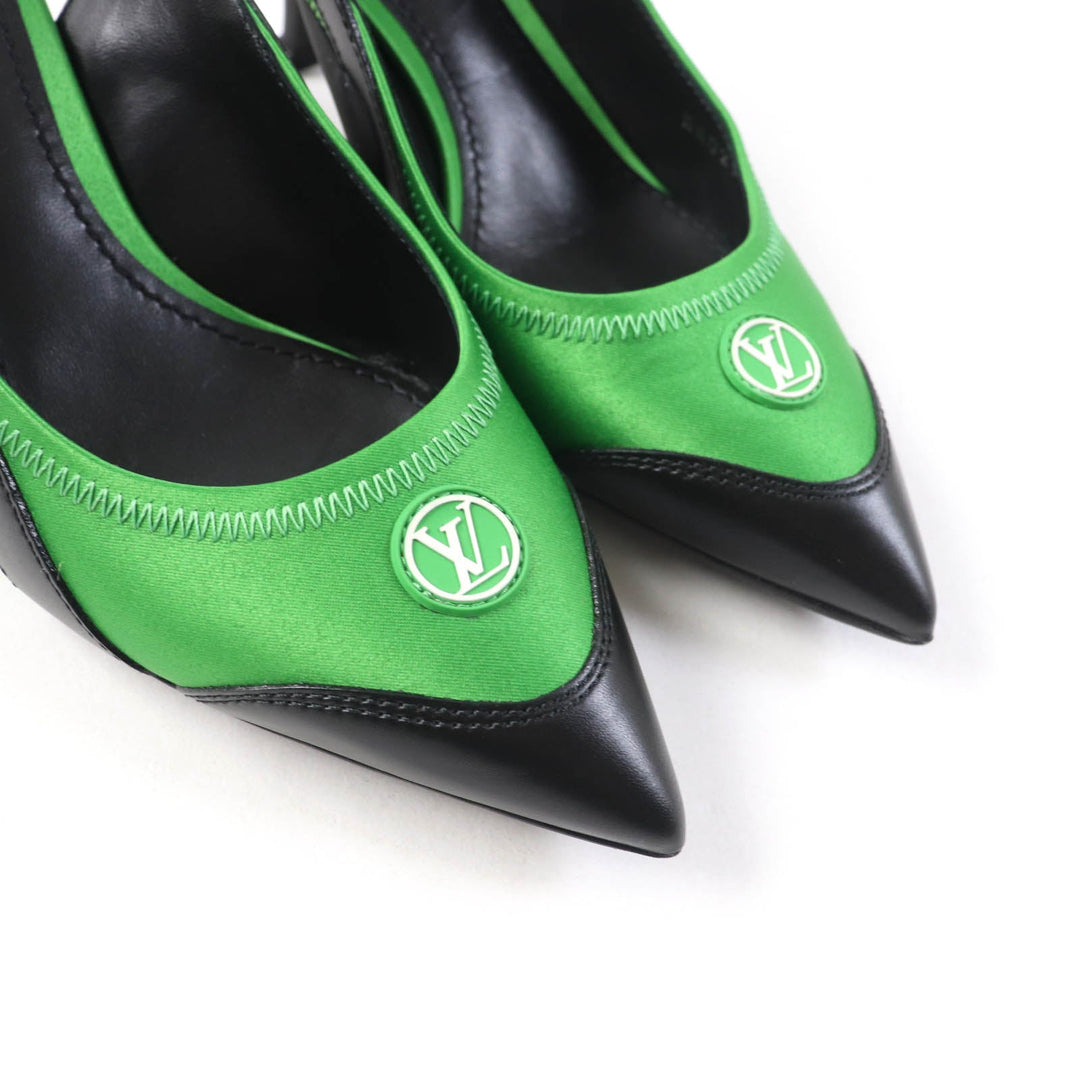 LOUIS VUITTON pumps Satin, Leather Black green arc light line LV Circle Logo Velcro Strap Women 35 Used Authentic