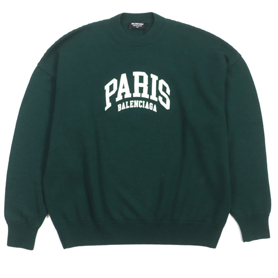 BALENCIAGA sweater 682005 Main: 100% wool, part: 50% polyester, part: 50% cotton, part: 100% polyester green LIMITED EDITION 9/80 PARIS logo embroidered crew neck knit mens S Used Authentic