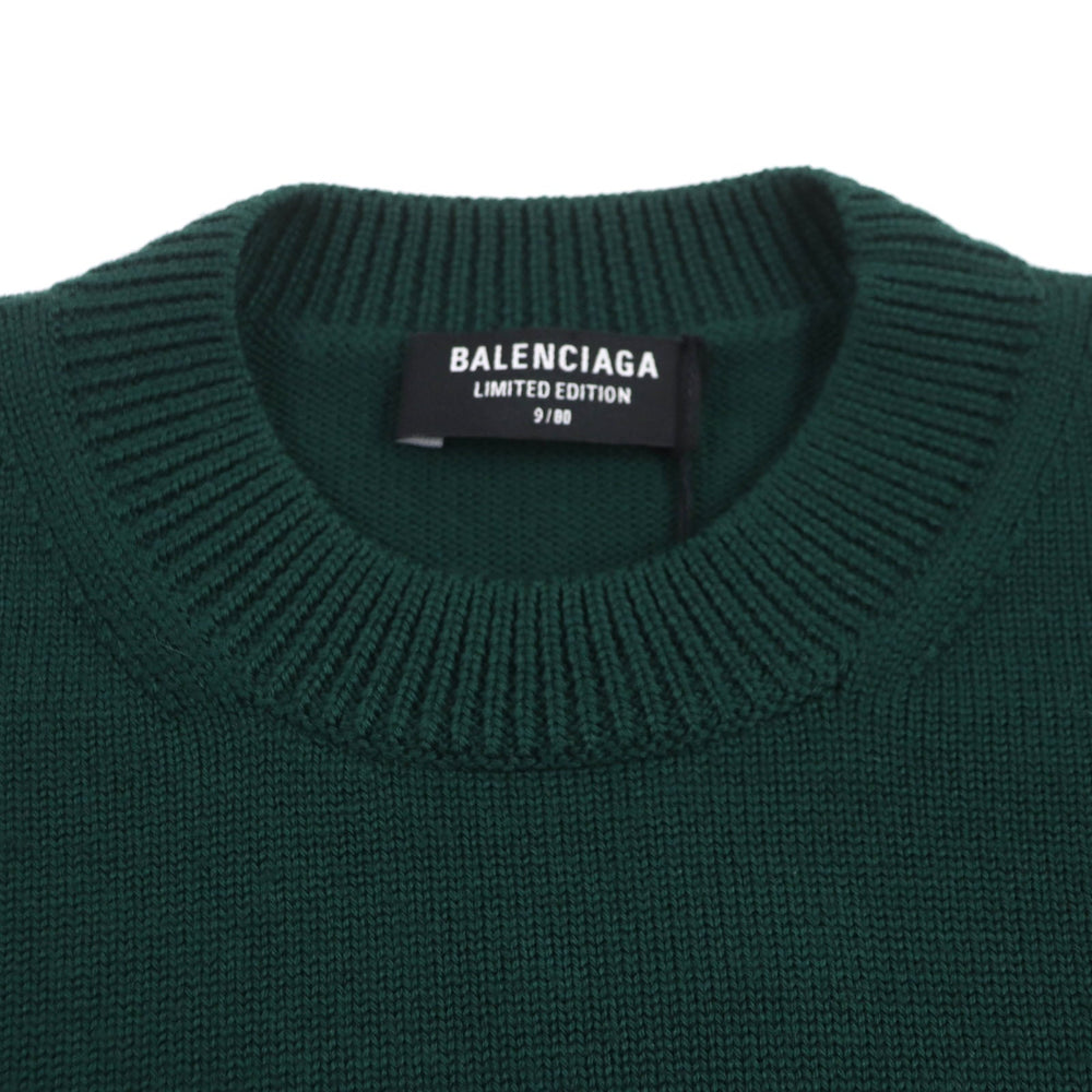 BALENCIAGA sweater 682005 Main: 100% wool, part: 50% polyester, part: 50% cotton, part: 100% polyester green LIMITED EDITION 9/80 PARIS logo embroidered crew neck knit mens S Used Authentic