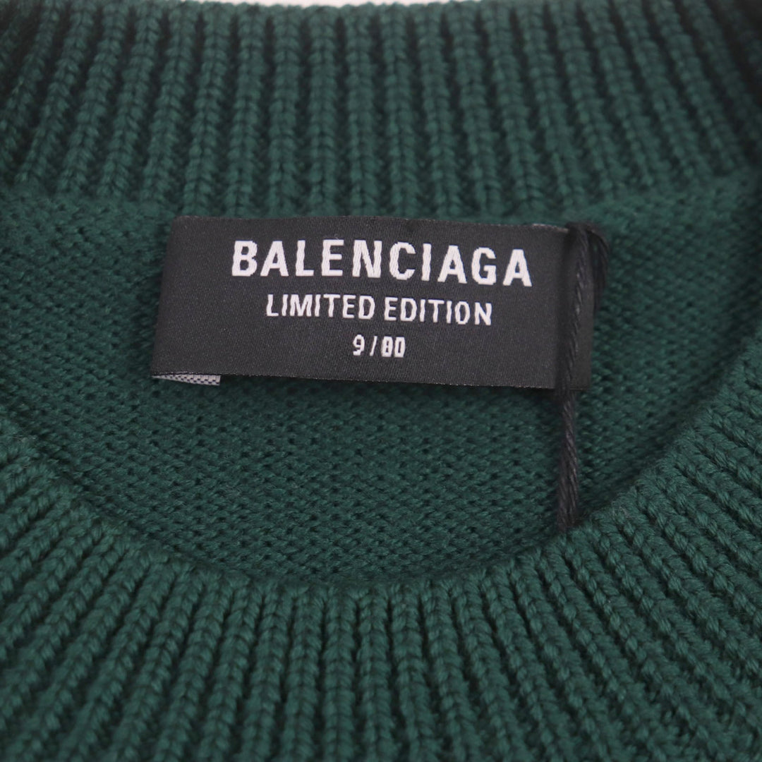 BALENCIAGA sweater 682005 Main: 100% wool, part: 50% polyester, part: 50% cotton, part: 100% polyester green LIMITED EDITION 9/80 PARIS logo embroidered crew neck knit mens S Used Authentic