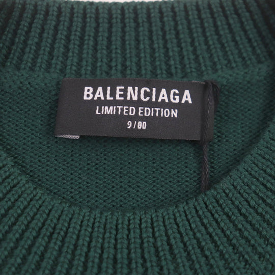 BALENCIAGA sweater 682005 Main: 100% wool, part: 50% polyester, part: 50% cotton, part: 100% polyester green LIMITED EDITION 9/80 PARIS logo embroidered crew neck knit mens S Used Authentic