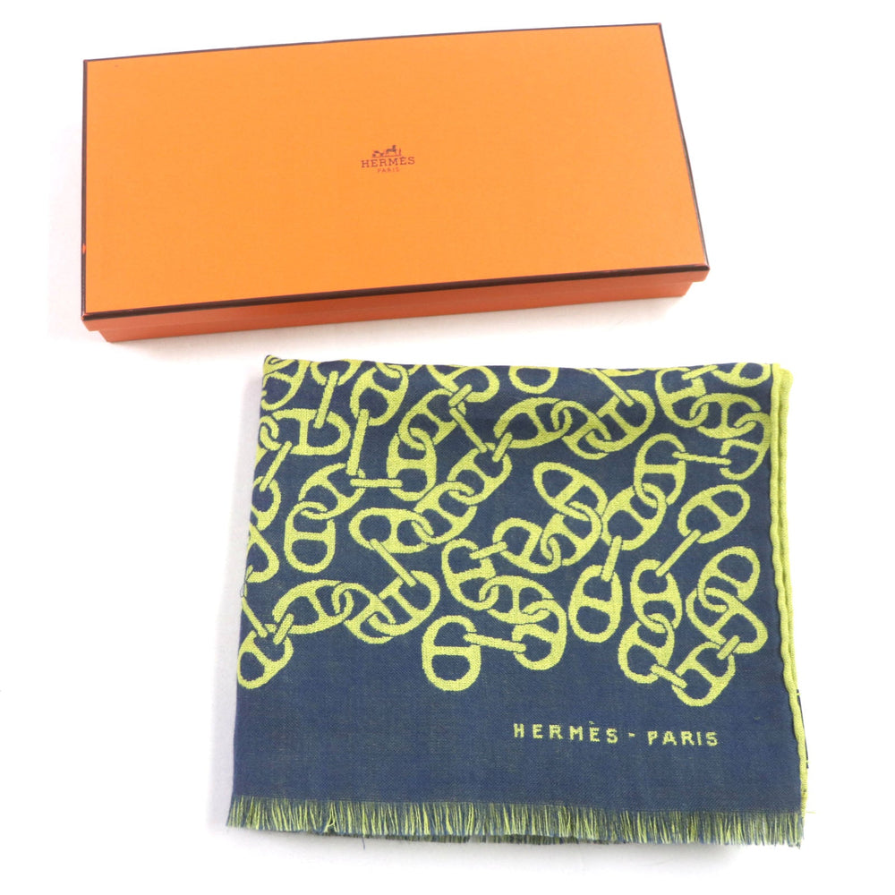 HERMES Scarf H706094T Main: 70% cashmere, Main: 30% silk Blue Ocean Citron Nausa mens Used Authentic