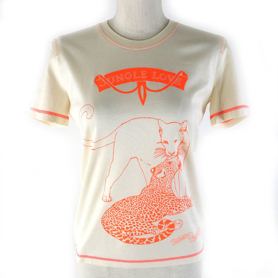HERMES Short sleeve T-shirt 2H4616DH Main: 100% cotton Light Beige Neon Orange Jungle love Women 34 Used Authentic