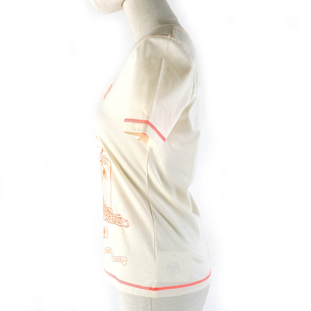 HERMES Short sleeve T-shirt 2H4616DH Main: 100% cotton Light Beige Neon Orange Jungle love Women 34 Used Authentic