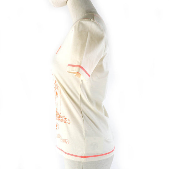 HERMES Short sleeve T-shirt 2H4616DH Main: 100% cotton Light Beige Neon Orange Jungle love Women 34 Used Authentic
